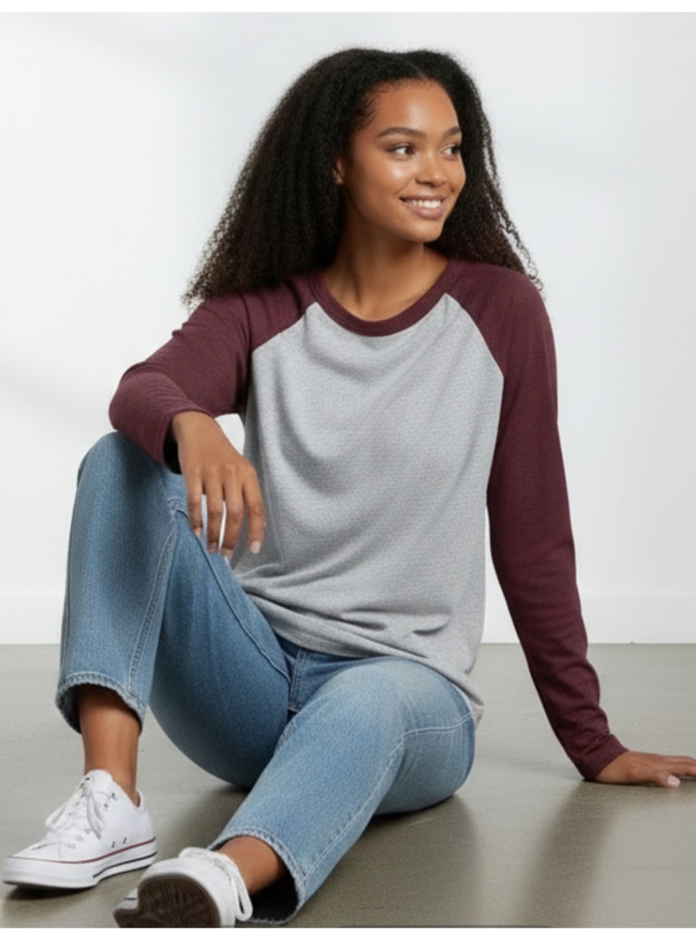 American Eagle Soft & Sexy Baseball Tee Long Sleeve Gray Burgundy XS